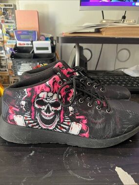 Black Skate Shoes with Pink Flaming Skull Graphic